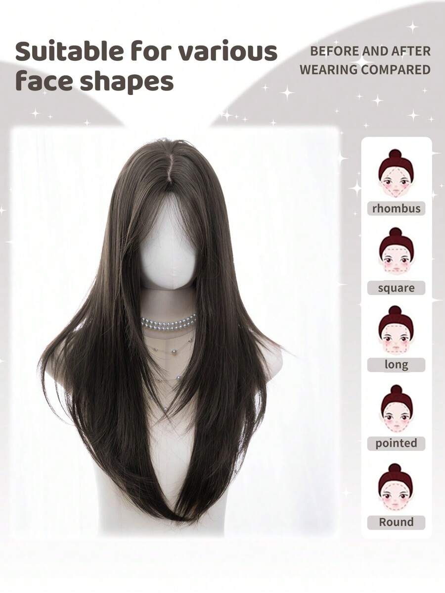 SHEIN باروكة شعر مستعار مستقيم بني 28 بوصة مع غرة من الوسط