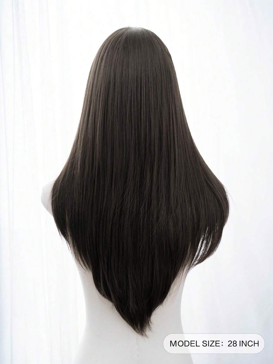 SHEIN باروكة شعر مستعار مستقيم بني 28 بوصة مع غرة من الوسط