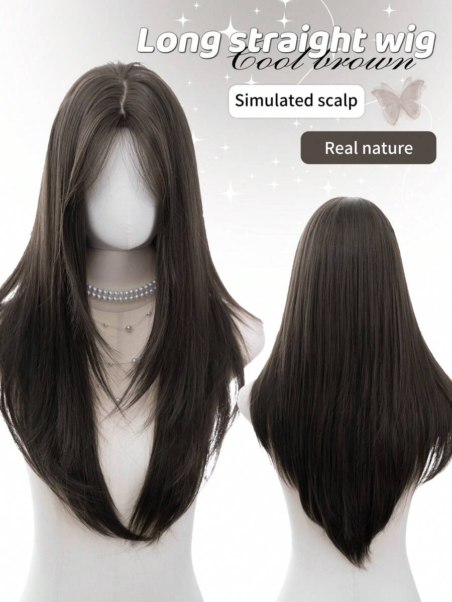 SHEIN باروكة شعر مستعار مستقيم بني 28 بوصة مع غرة من الوسط
