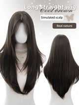 SHEIN باروكة شعر مستعار مستقيم بني 28 بوصة مع غرة من الوسط