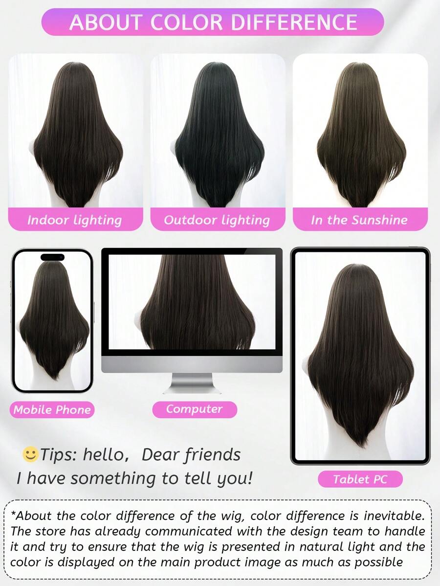SHEIN باروكة شعر مستعار مستقيم بني 28 بوصة مع غرة من الوسط