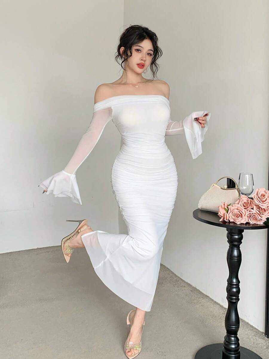 SHEIN DAZY فستان ابيض متوسط الطول ضيق بتصميم حورية