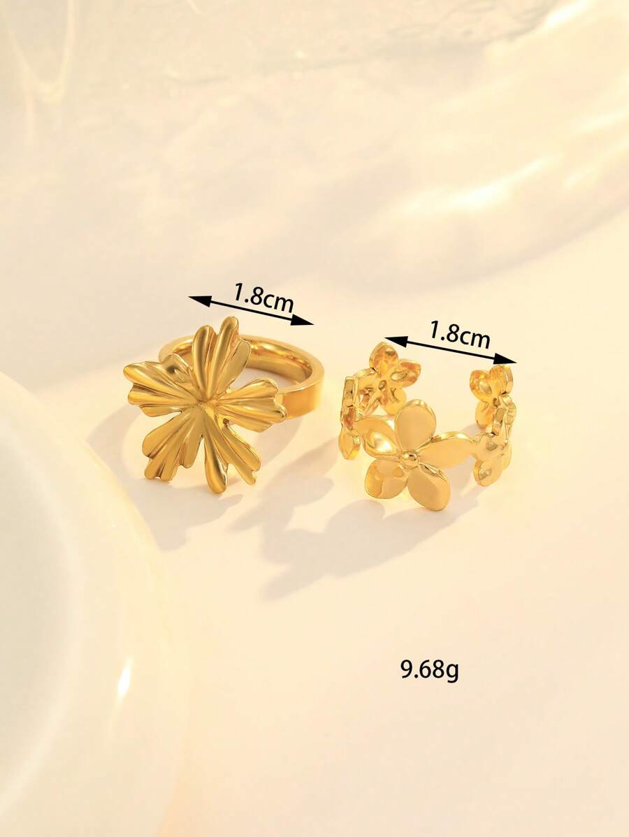 SHEIN Onelike طقم 2 خواتم ستانلس ستيل بتصميم زهرة ذهبي