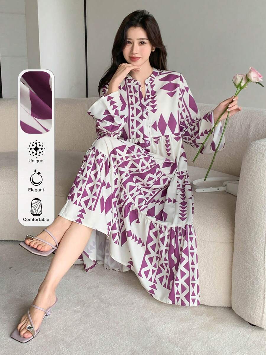 SHEIN Wynsel فستان قميص فضفاض بأكمام ثلاثة أرباع مطبع بتصميم كامل