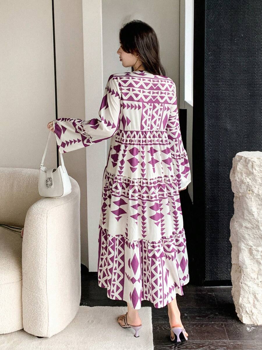 SHEIN Wynsel فستان قميص فضفاض بأكمام ثلاثة أرباع مطبع بتصميم كامل