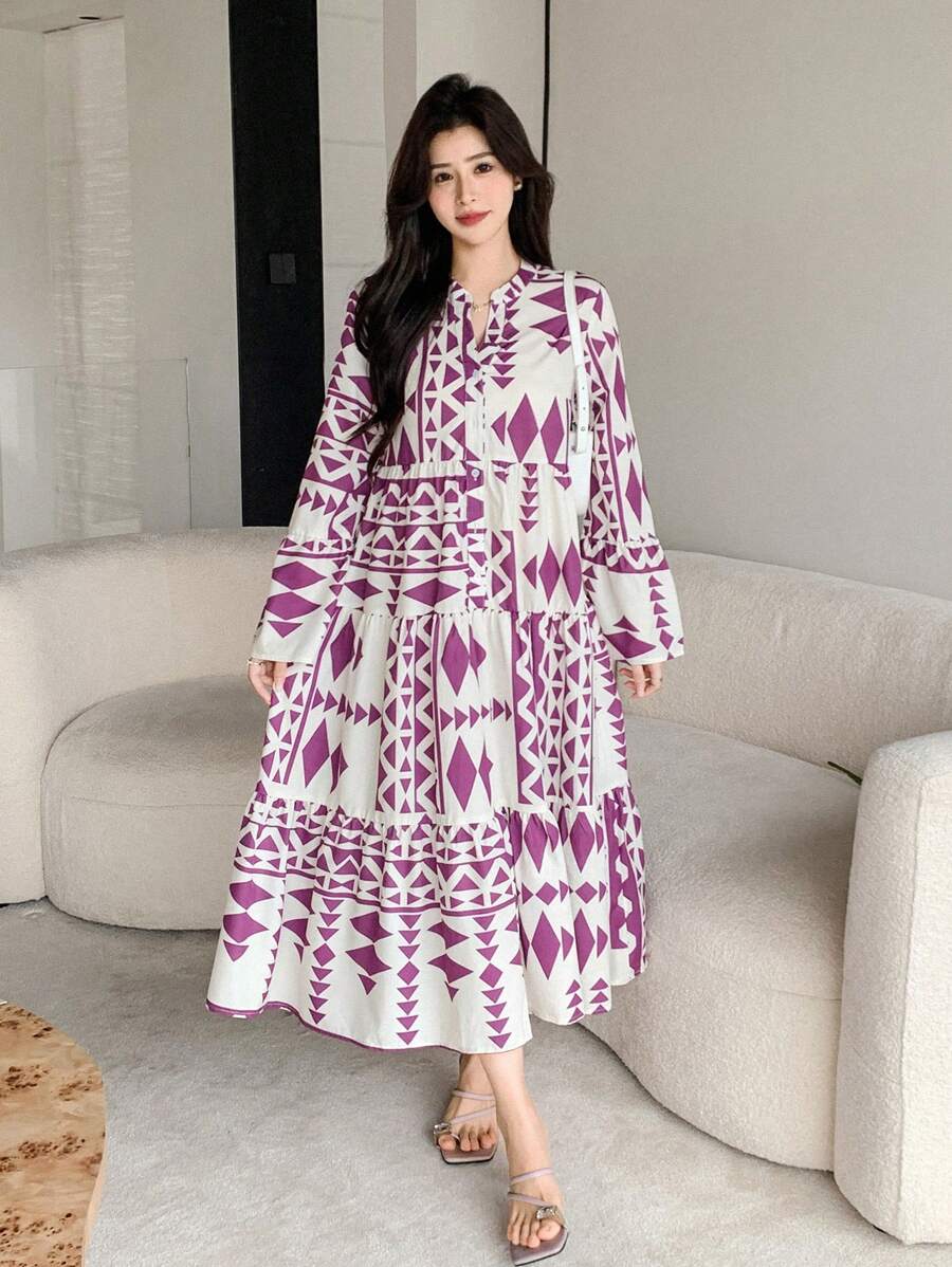 SHEIN Wynsel فستان قميص فضفاض بأكمام ثلاثة أرباع مطبع بتصميم كامل