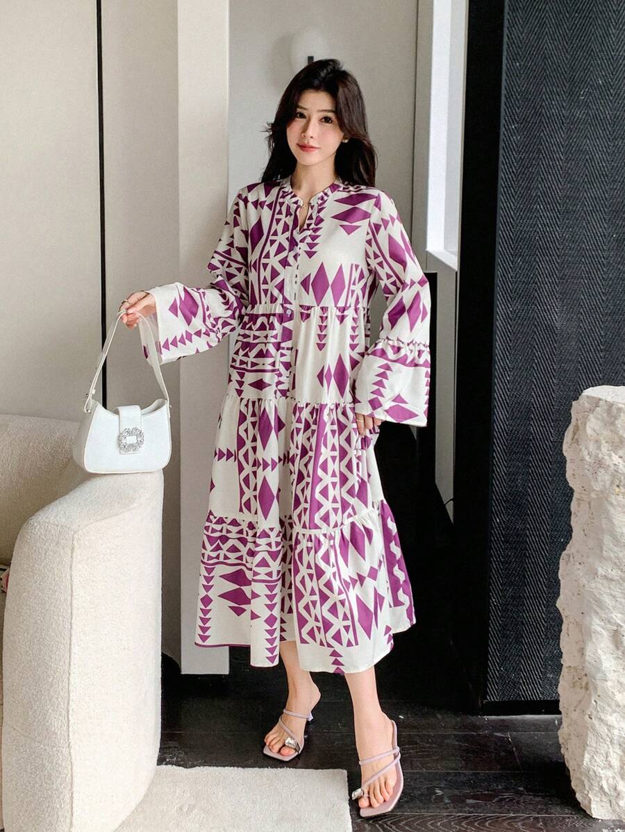 SHEIN Wynsel فستان قميص فضفاض بأكمام ثلاثة أرباع مطبع بتصميم كامل