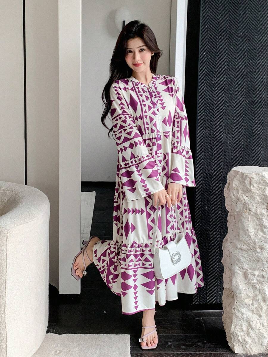 SHEIN Wynsel فستان قميص فضفاض بأكمام ثلاثة أرباع مطبع بتصميم كامل