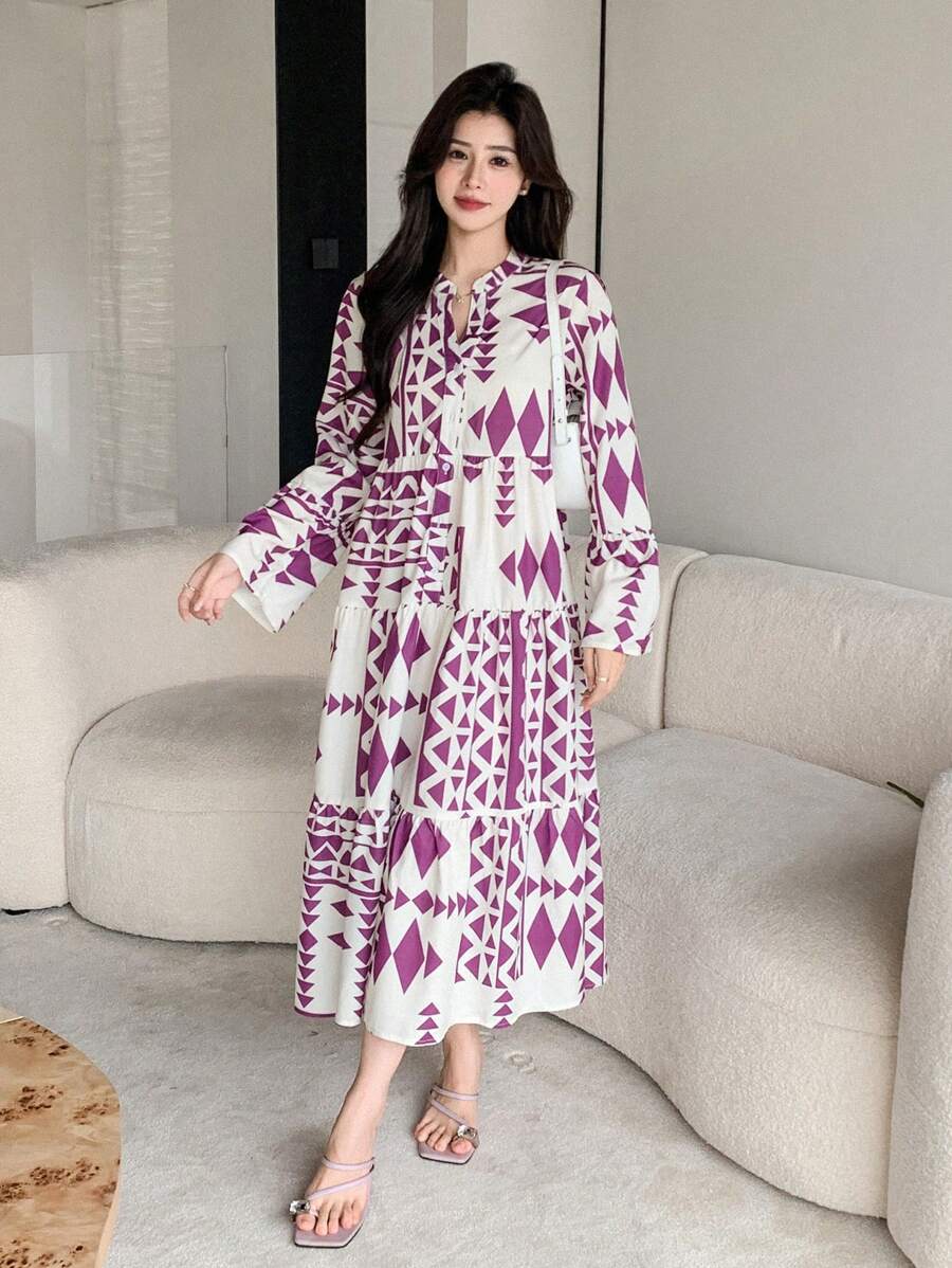 SHEIN Wynsel فستان قميص فضفاض بأكمام ثلاثة أرباع مطبع بتصميم كامل