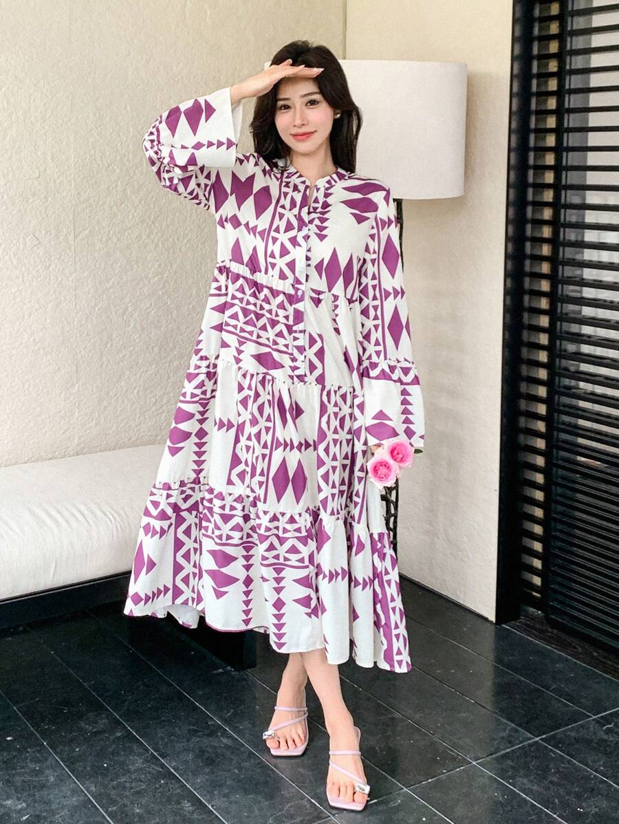 SHEIN Wynsel فستان قميص فضفاض بأكمام ثلاثة أرباع مطبع بتصميم كامل