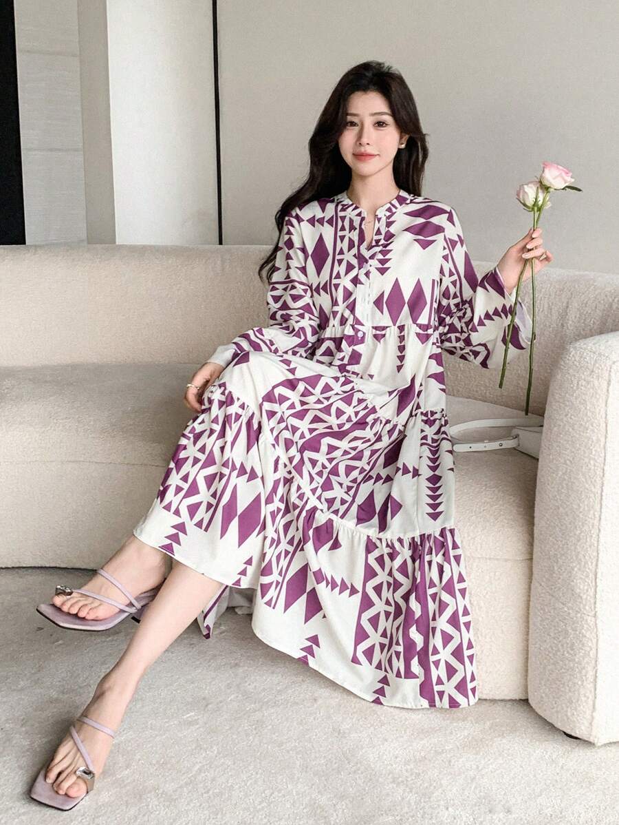 SHEIN Wynsel فستان قميص فضفاض بأكمام ثلاثة أرباع مطبع بتصميم كامل