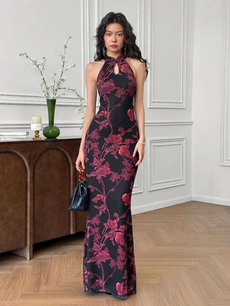 SHEIN EastFlair فستان كتان بطباعة زهرية ونمط طويل أنيق
