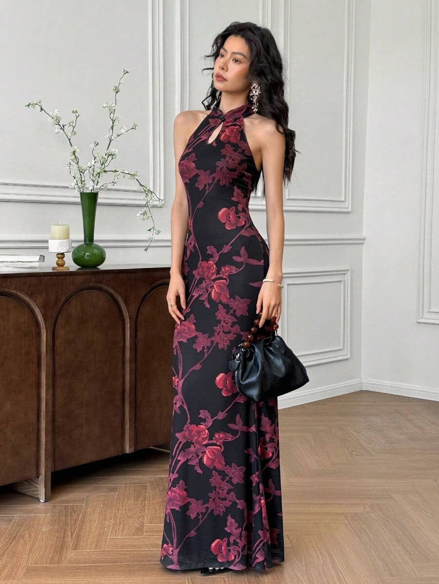 SHEIN EastFlair فستان كتان بطباعة زهرية ونمط طويل أنيق