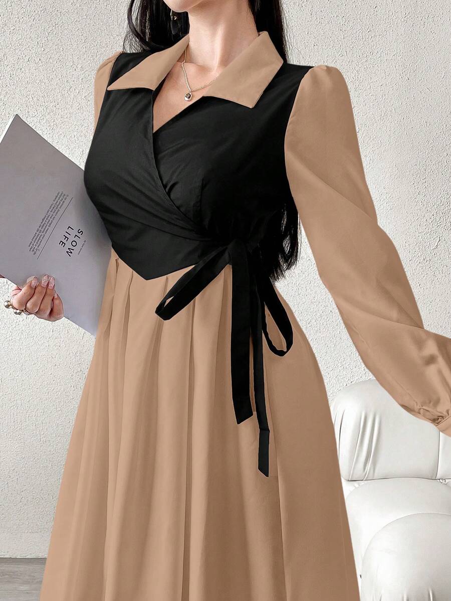 SHEIN Mulvari فستان كاكي بيج أنيق بربطة خلفية