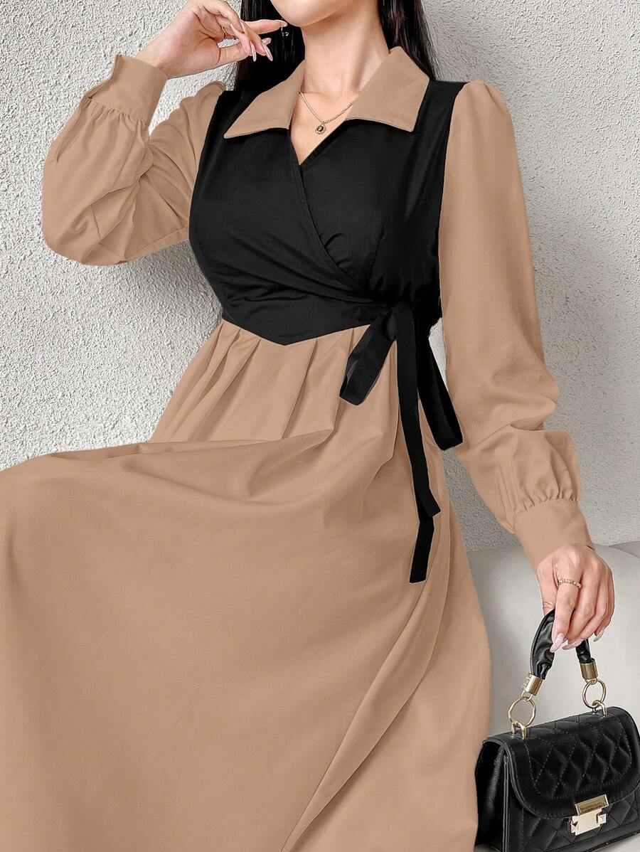 SHEIN Mulvari فستان كاكي بيج أنيق بربطة خلفية