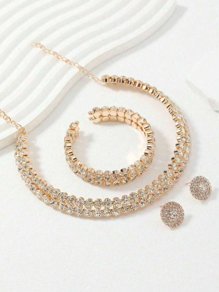 SHEIN طقم مجوهرات ذهبي قلادة وأقراط وسوار متلألئ
