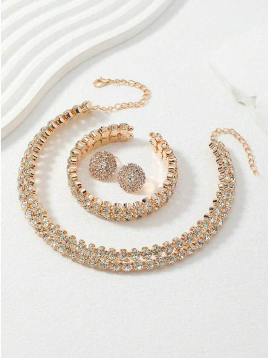 SHEIN طقم مجوهرات ذهبي قلادة وأقراط وسوار متلألئ
