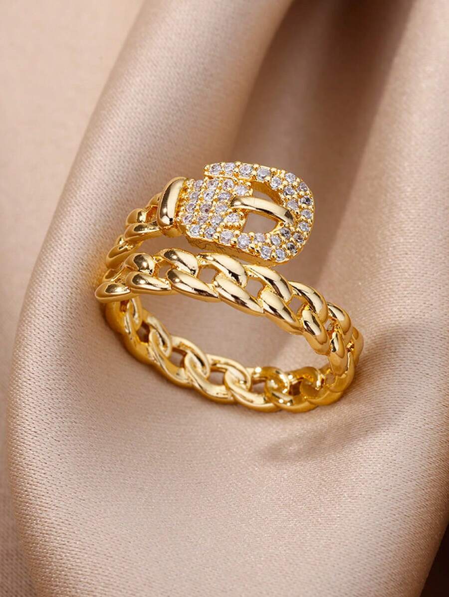 SHEIN خاتم بتصميم أفعى فولاذي مطلي بالذهب بزركونيا