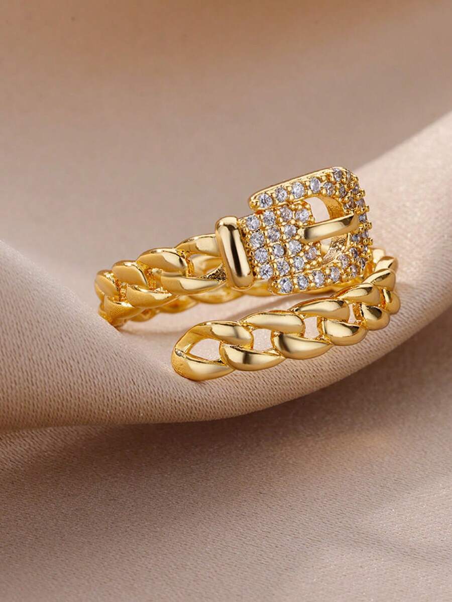 SHEIN خاتم بتصميم أفعى فولاذي مطلي بالذهب بزركونيا