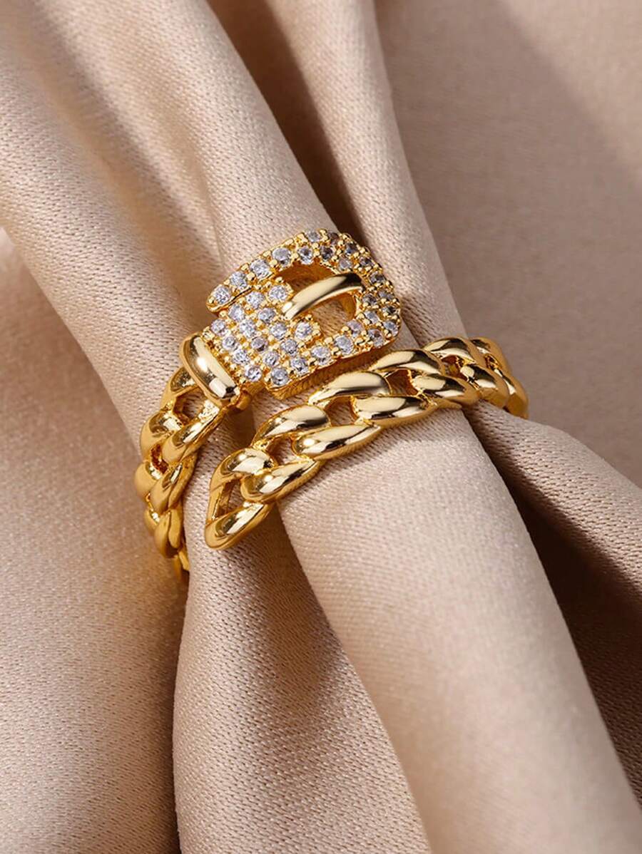 SHEIN خاتم بتصميم أفعى فولاذي مطلي بالذهب بزركونيا