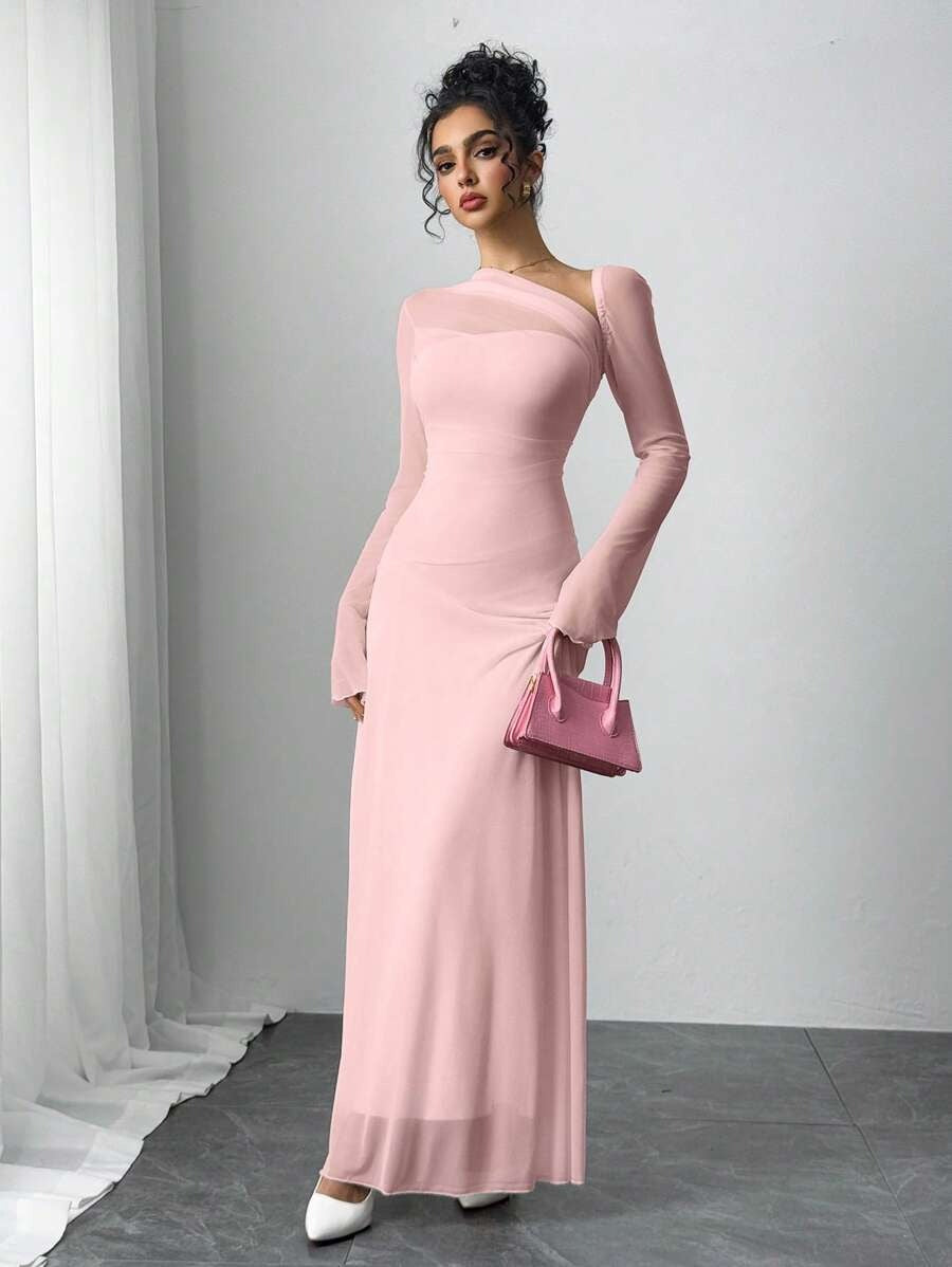 SHEIN Siren Gaze فستان وردي أنيق بأكمام طويلة