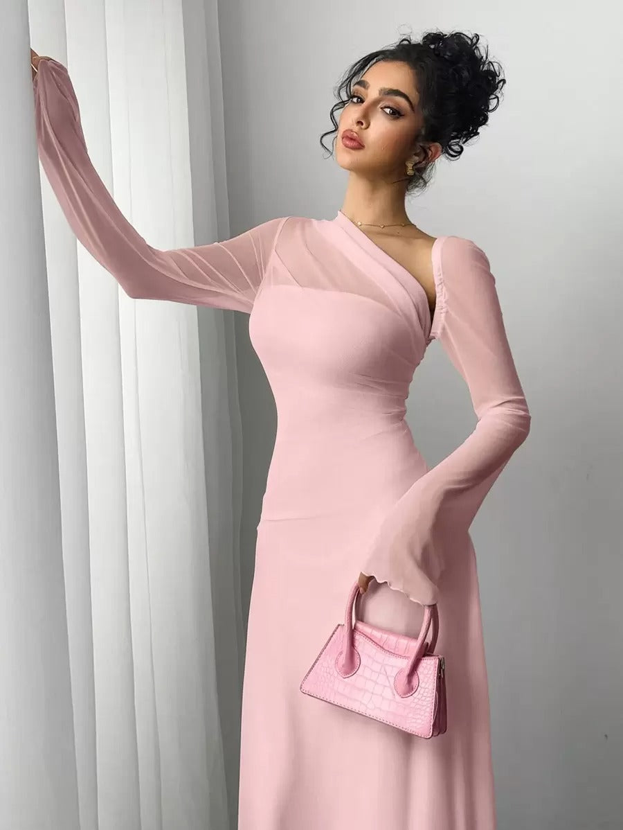 SHEIN Siren Gaze فستان وردي أنيق بأكمام طويلة