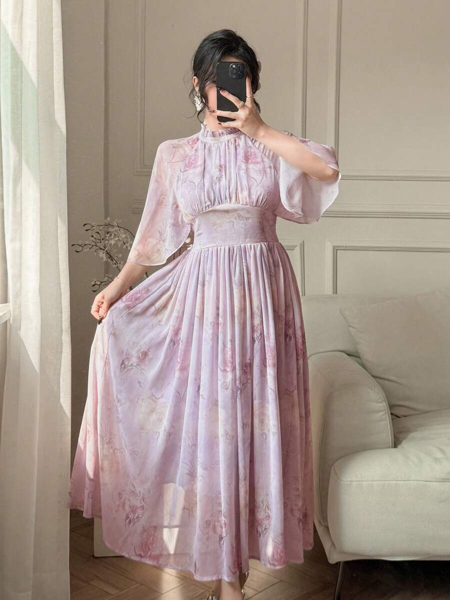 SHEIN DAZY فستان وردي أنيق متوسط الأكمام مطوي بطباعة زهور