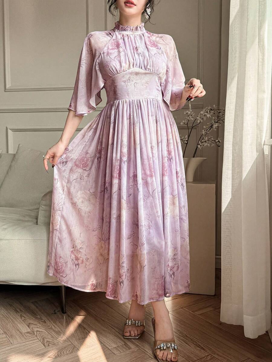 SHEIN DAZY فستان وردي أنيق متوسط الأكمام مطوي بطباعة زهور