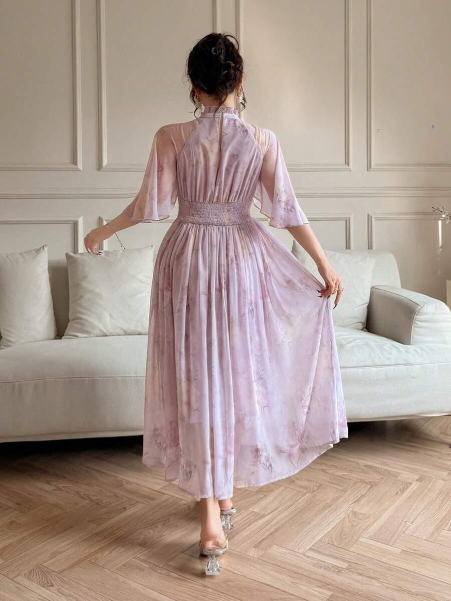 SHEIN DAZY فستان وردي أنيق متوسط الأكمام مطوي بطباعة زهور