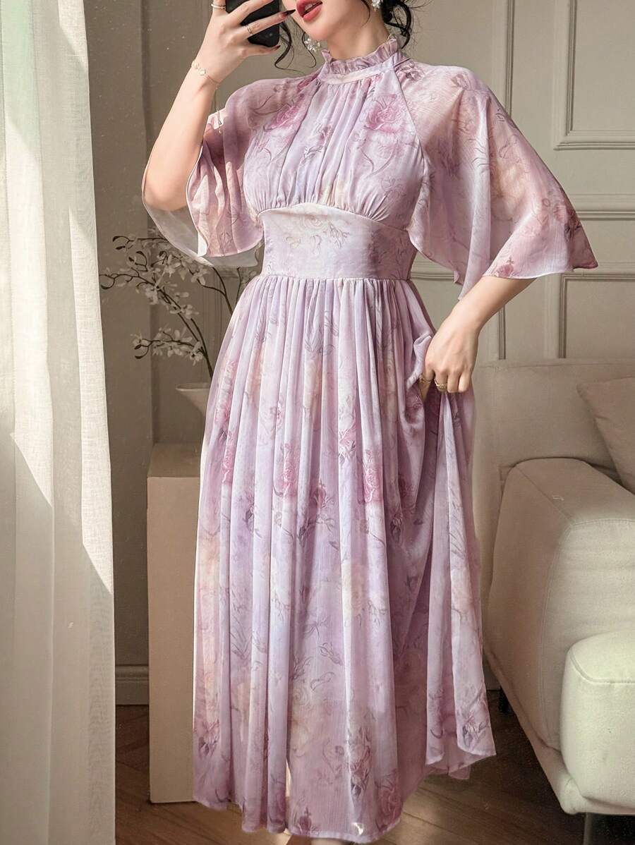 SHEIN DAZY فستان وردي أنيق متوسط الأكمام مطوي بطباعة زهور
