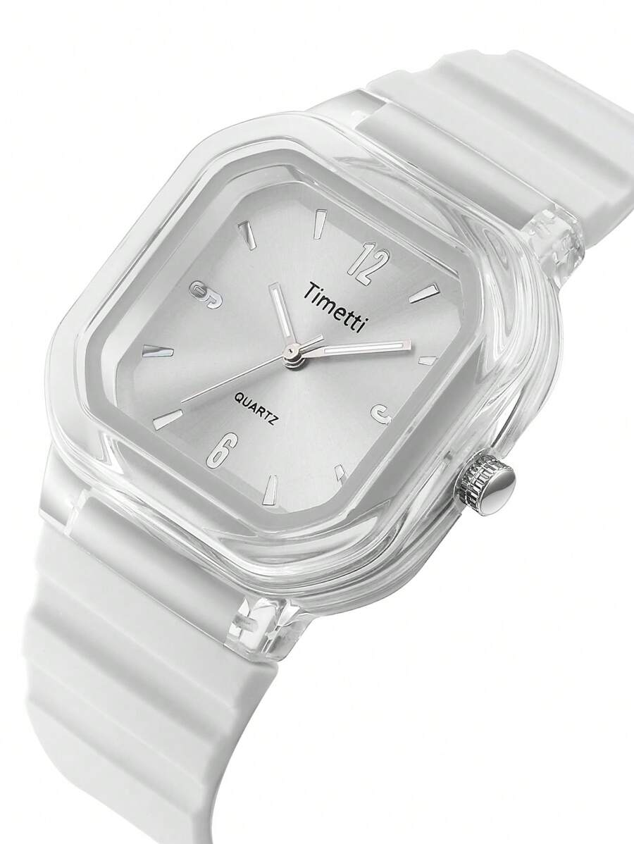 SHEIN ساعة نسائية بيضاء مربعة كوارتز بسوار سيليكون