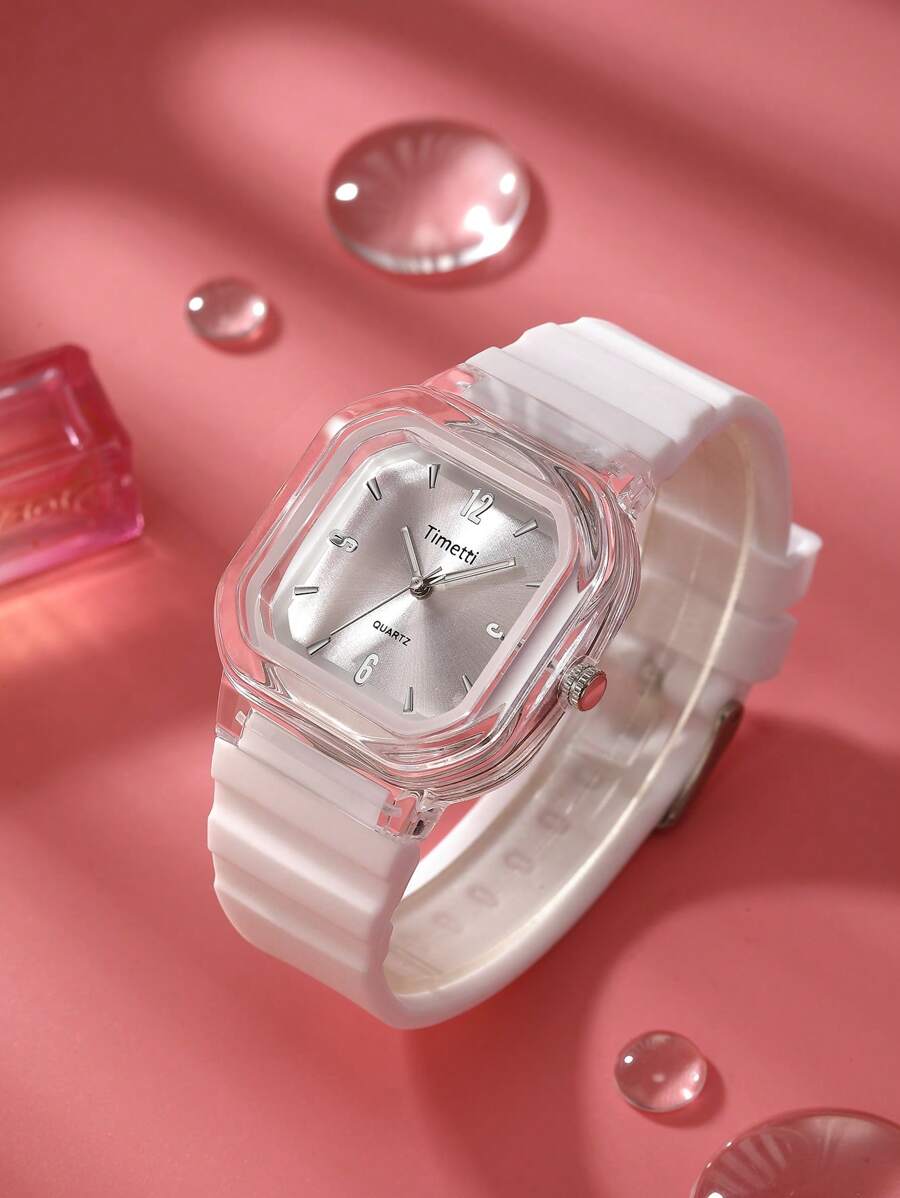 SHEIN ساعة نسائية بيضاء مربعة كوارتز بسوار سيليكون