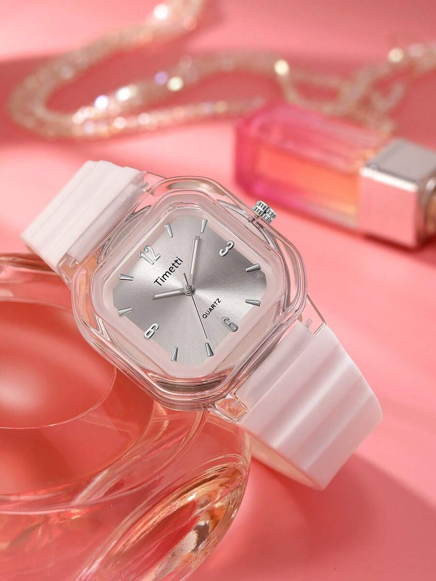 SHEIN ساعة نسائية بيضاء مربعة كوارتز بسوار سيليكون