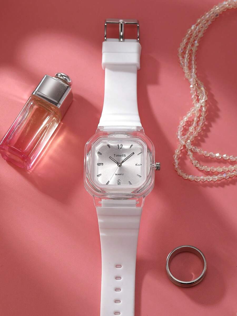 SHEIN ساعة نسائية بيضاء مربعة كوارتز بسوار سيليكون