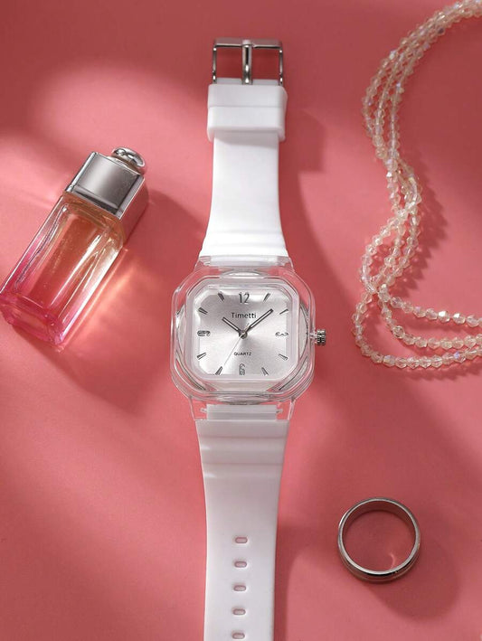 SHEIN ساعة نسائية بيضاء مربعة كوارتز بسوار سيليكون