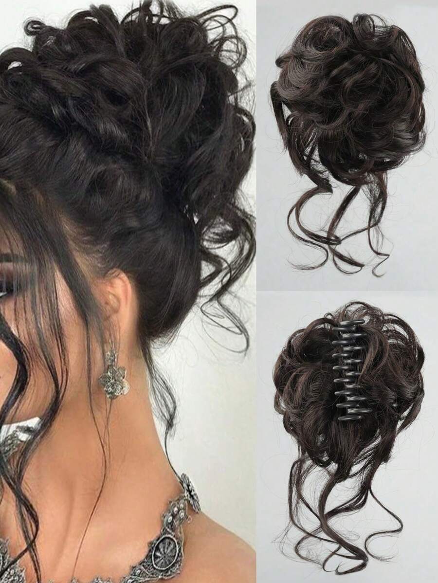 SHEIN شعر مستعار مجعد بلون بني أسود بمشبك بشكل كرة