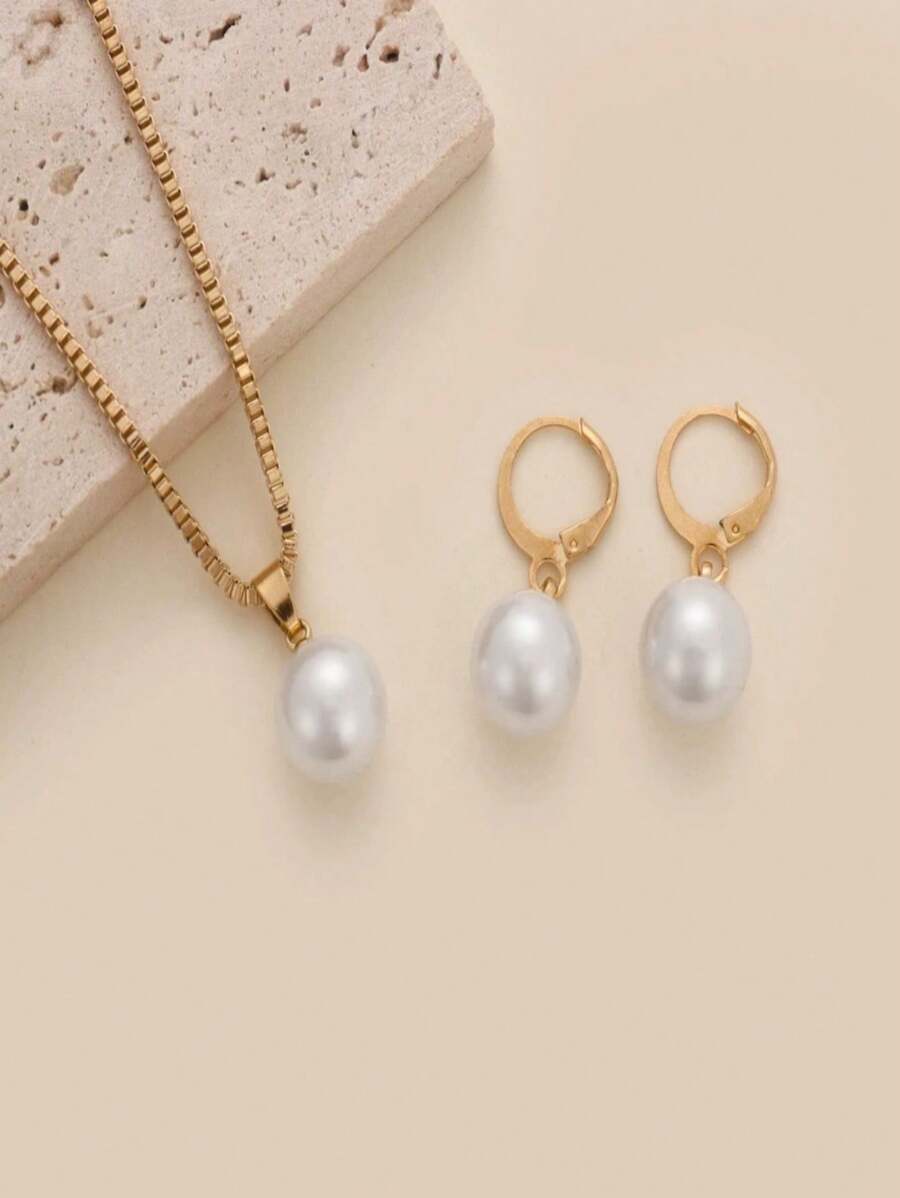 SHEIN طقم مجوهرات ذهبي 3 قطع لؤلؤ بسيط