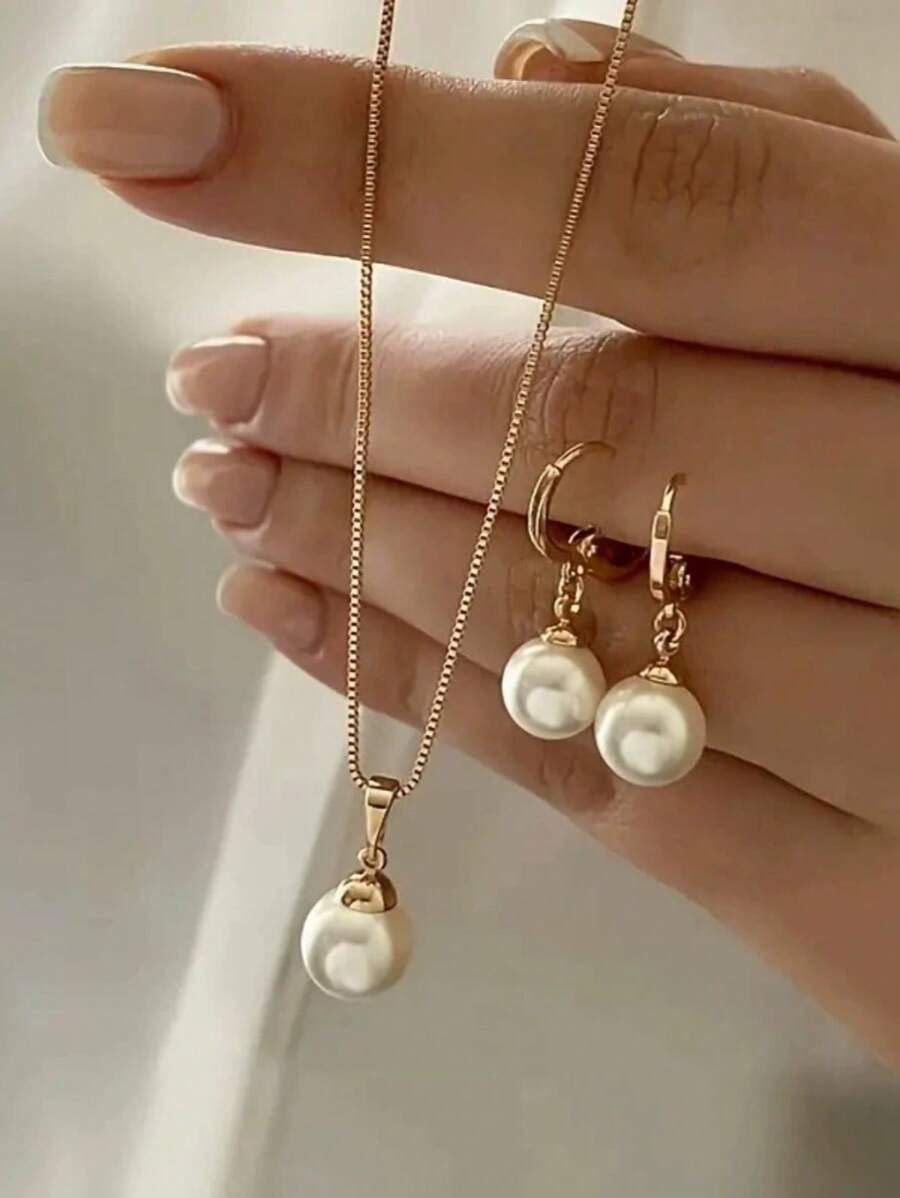 SHEIN طقم مجوهرات ذهبي 3 قطع لؤلؤ بسيط