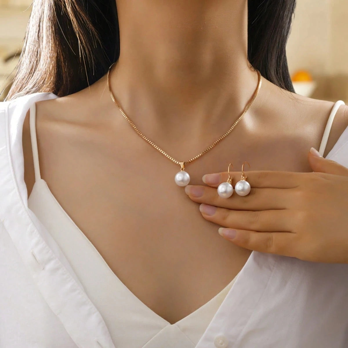 SHEIN طقم مجوهرات ذهبي 3 قطع لؤلؤ بسيط