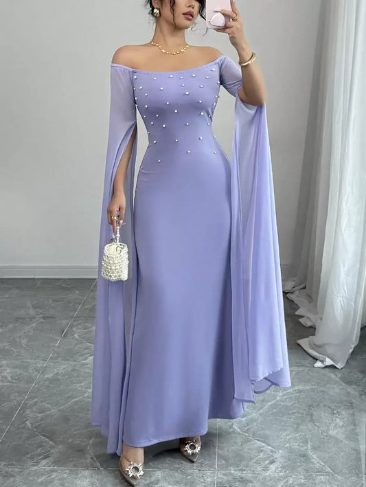 SHEIN Rafferiza فستان شيفون أرجواني بأكمام فوانيس وفتحة كتف واسعة