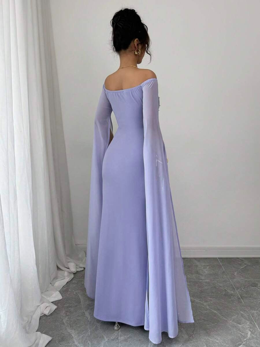 SHEIN Rafferiza فستان شيفون أرجواني بأكمام فوانيس وفتحة كتف واسعة