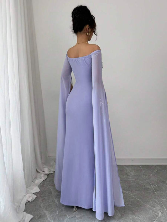 SHEIN Rafferiza فستان شيفون أرجواني بأكمام فوانيس وفتحة كتف واسعة