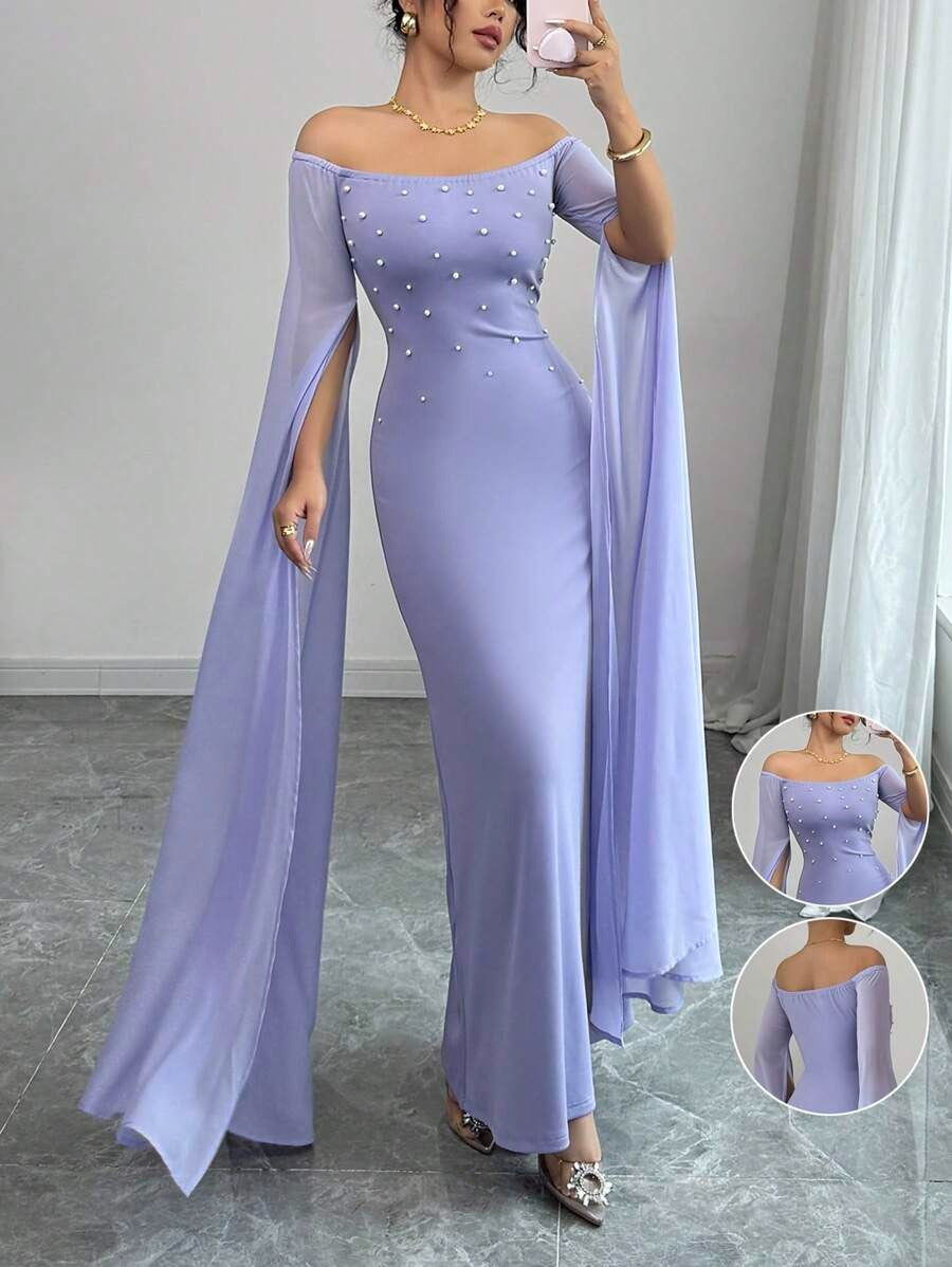 SHEIN Rafferiza فستان شيفون أرجواني بأكمام فوانيس وفتحة كتف واسعة