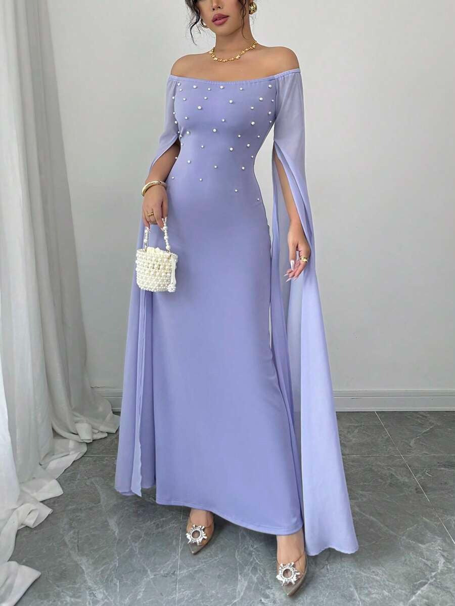 SHEIN Rafferiza فستان شيفون أرجواني بأكمام فوانيس وفتحة كتف واسعة