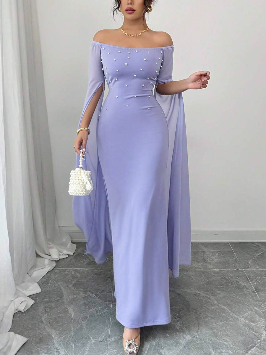 SHEIN Rafferiza فستان شيفون أرجواني بأكمام فوانيس وفتحة كتف واسعة