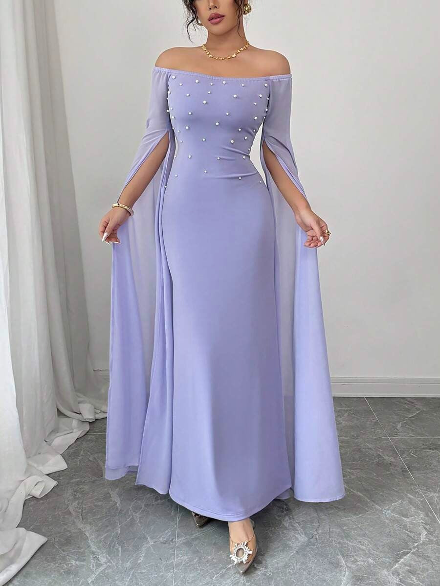 SHEIN Rafferiza فستان شيفون أرجواني بأكمام فوانيس وفتحة كتف واسعة