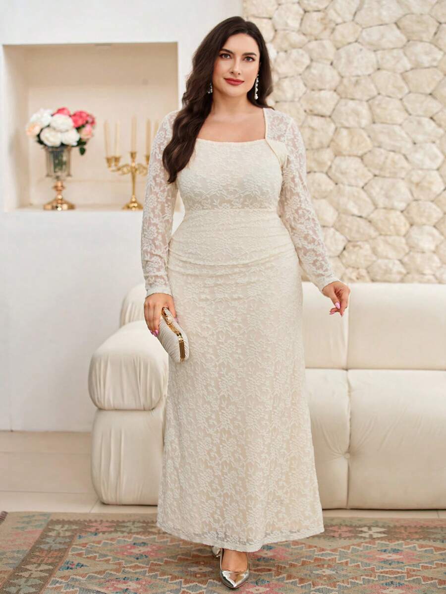 SHEIN Modelyn فستان طويل مشمشي بنقشة جاكار سماوية