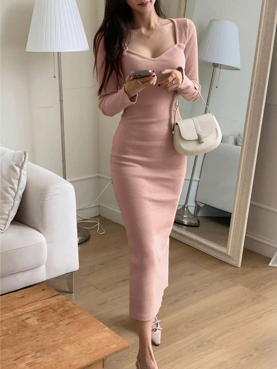 SHEIN DAZY فستان وردي متوسط الطول بياقة مربعة