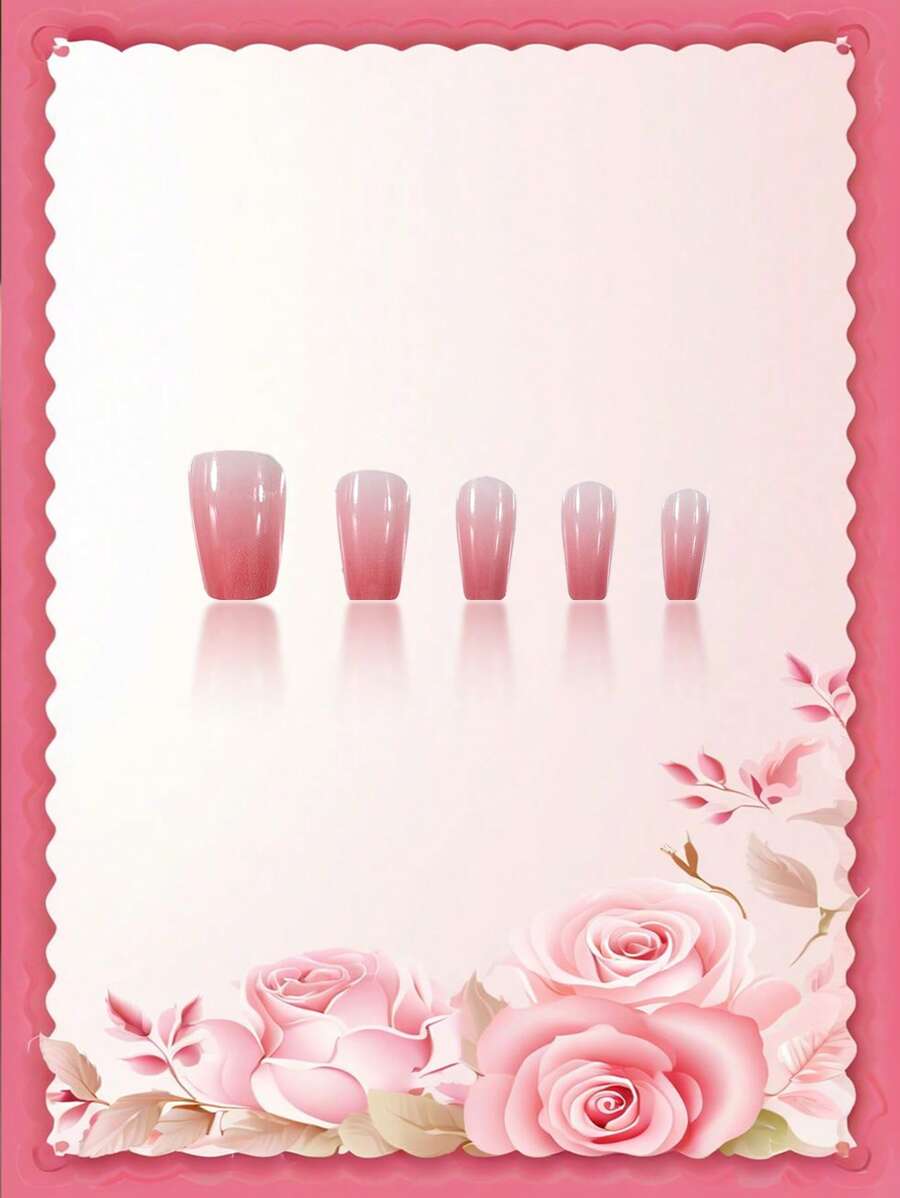 SHEIN طقم أظافر صناعية 24 قطعة تابوت تدرج خوخي مع غراء ومبرد