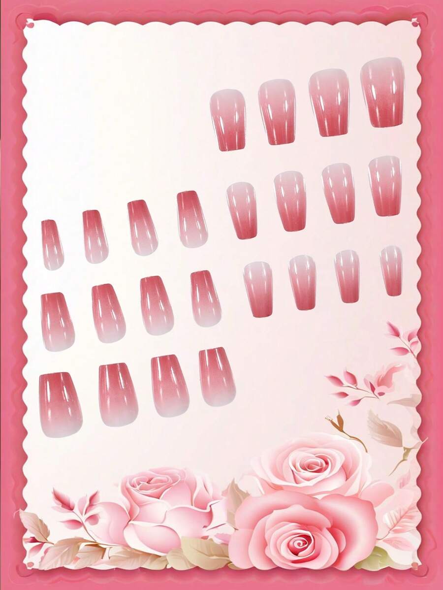 SHEIN طقم أظافر صناعية 24 قطعة تابوت تدرج خوخي مع غراء ومبرد